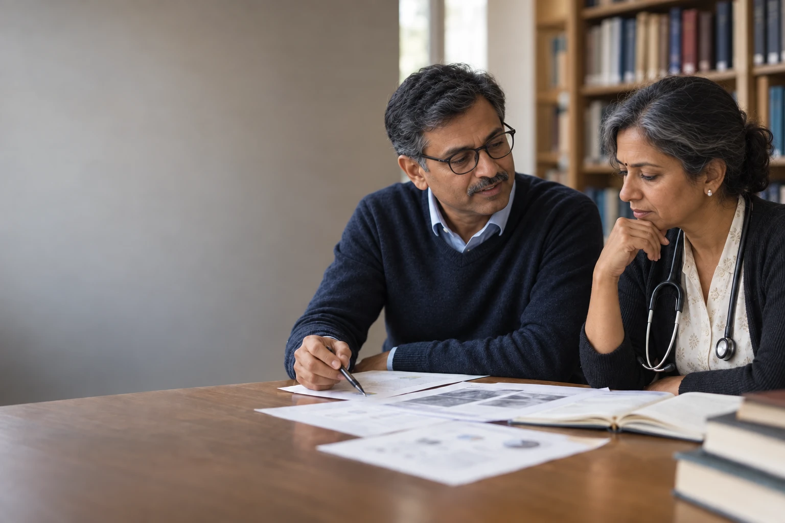 Two clinicians reading printed research papers together in a library